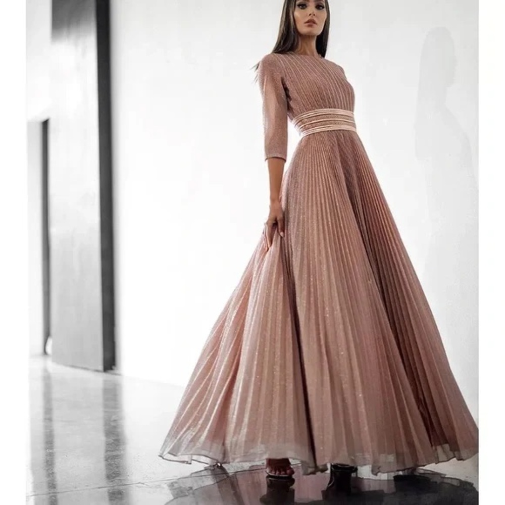 NWT Mac Duggal Rose Gold Pleated Shimmering Dress Gown Style 30700 size 14